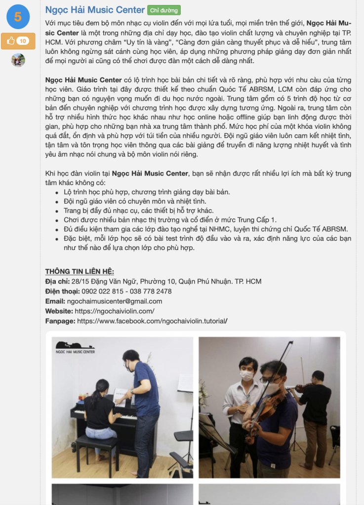 Ngọc Hải Music Center thuộc ToP 8 Trung tâm dạy đàn violin tốt nhất Tphcm